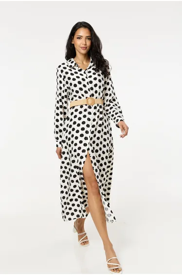Polka Dot Belted Midi Shirt Dress