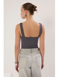 Anthracite Fitted/Fits on the Body with Back Detail Square Neck Snap Elastic Knitted Bodysuit - 3