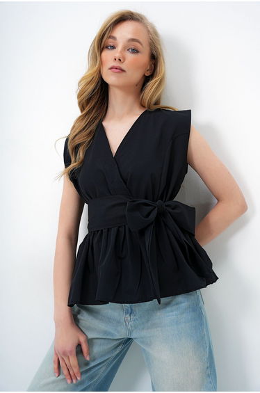 Women's Black Double Breasted Collar Skirt Flounces Self Belted Summer Poplin Blouse