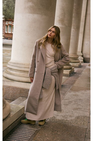 Taupe Structured Double Breasted Wool Look Maxi Coat