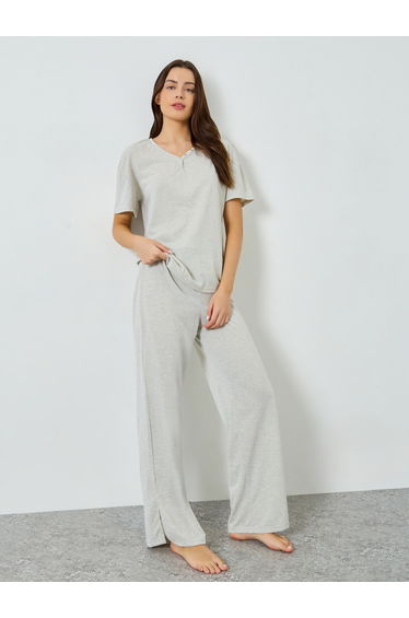 Drop Shoulder Placket Rivet T-Shirt and Straight Pyjama Set