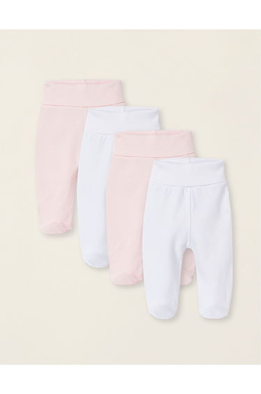 Pack of 4 Footed Trousers for Baby Girls 'Extra Comfy', White/Pink