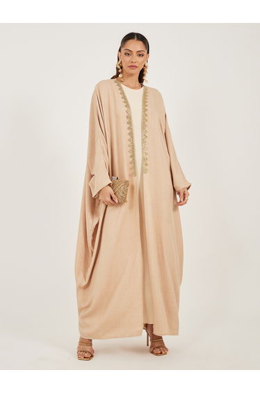Textured Batwing Sleeve Abaya with Lace Detail