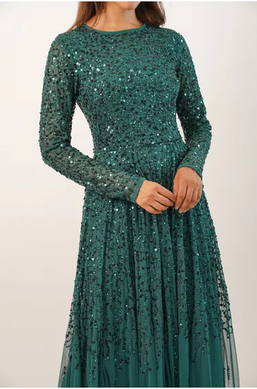 فستان ماكسي مزين بأحجار بأكمام طويلة - أخضر