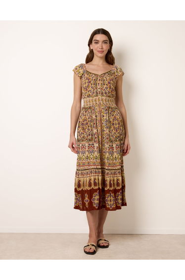 V Neck Embroidery Trim Paisley Maxi Dress