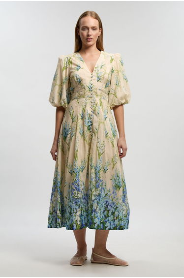Silk Cotton Trailing Floral Puff Sleeve Midi Dress