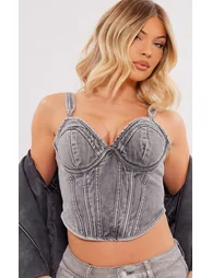 Washed Grey Dip Hem Bust Cup Denim Corset - 3