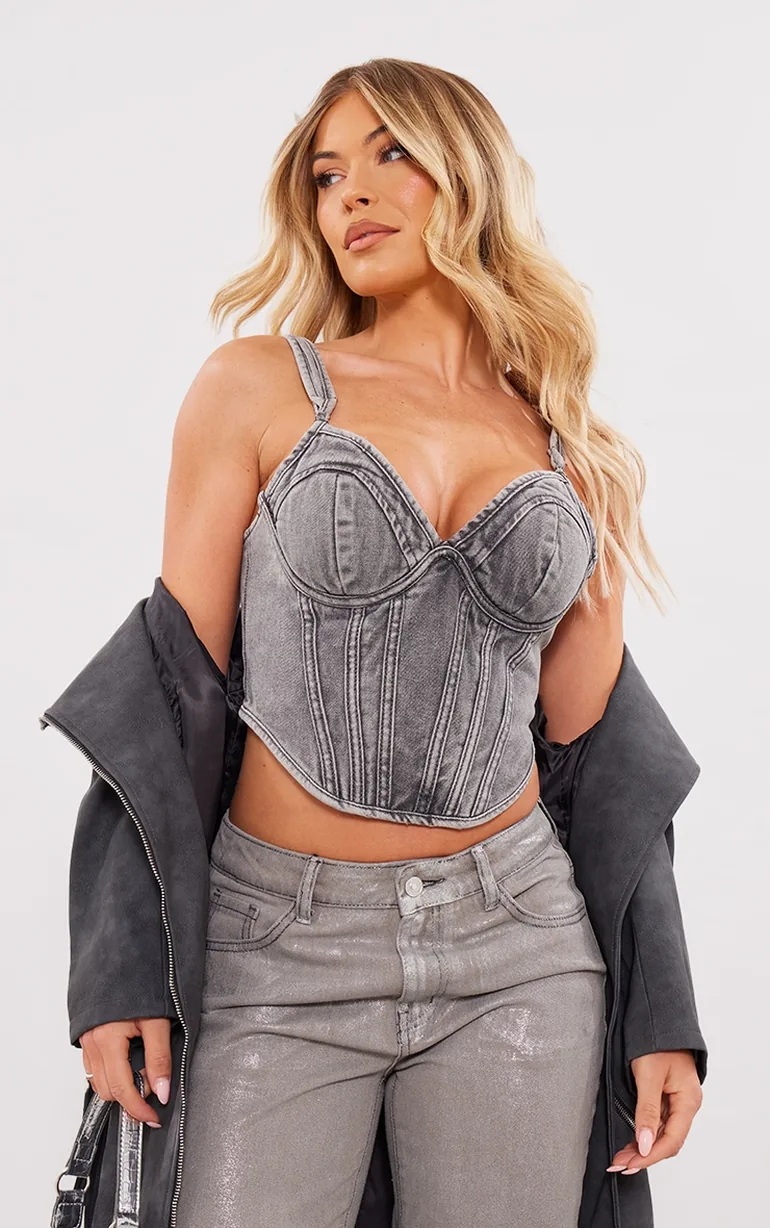 Washed Grey Dip Hem Bust Cup Denim Corset