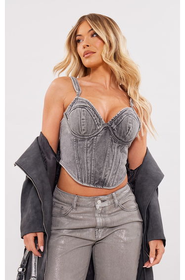 Washed Grey Dip Hem Bust Cup Denim Corset