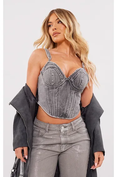 Washed Grey Dip Hem Bust Cup Denim Corset