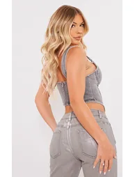 Washed Grey Dip Hem Bust Cup Denim Corset - 1