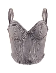 Washed Grey Dip Hem Bust Cup Denim Corset - 4