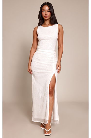 Petite White Sequin Drape Split Front Maxi Skirt