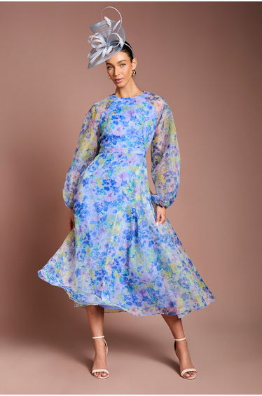Organza Wrap Waist Puff Sleeve Midi Dress
