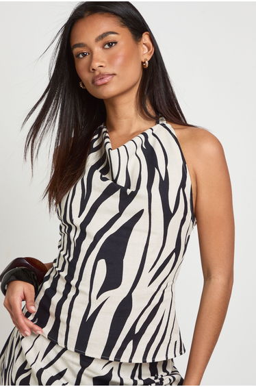 Zebra Linen Look Cowl Neck Top - zebra