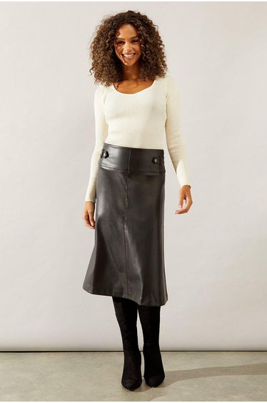 Black Tab Detail Faux Leather A Line Skirt