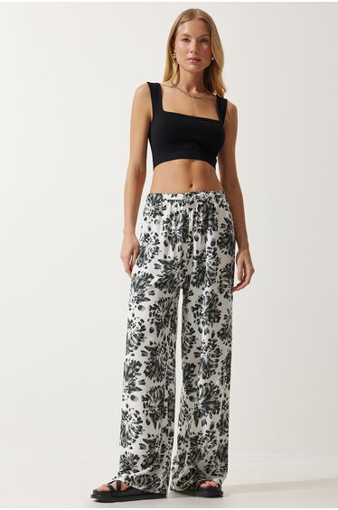 Women Ecru Black High Waist Summer Wide Viscose Trousers