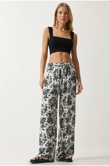 Women Ecru Black High Waist Summer Wide Viscose Trousers