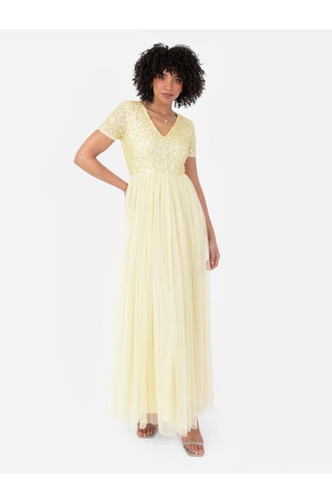 Maya Lemon Yellow V Neckline Embellished Maxi Dress
