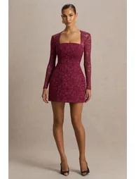 فستان قصير دانتيل بأكمام طويلة - أحمر - 3