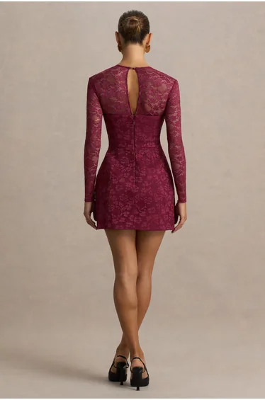 فستان قصير دانتيل بأكمام طويلة - أحمر