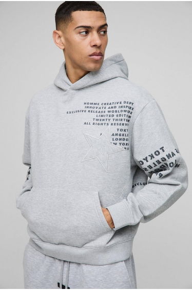 Oversized Boxy Star Applique Hoodie - grey marl