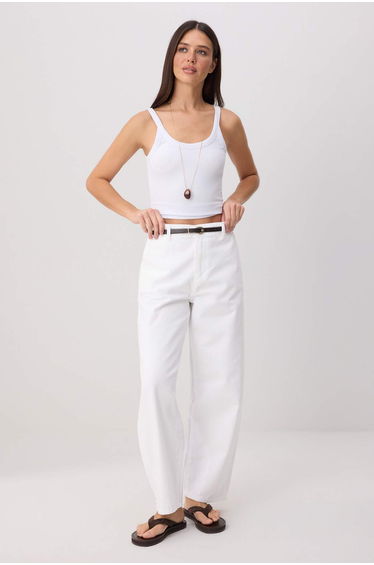 White Belted Gabardine Barrel 100% Cotton Soft Buttoned Trousers