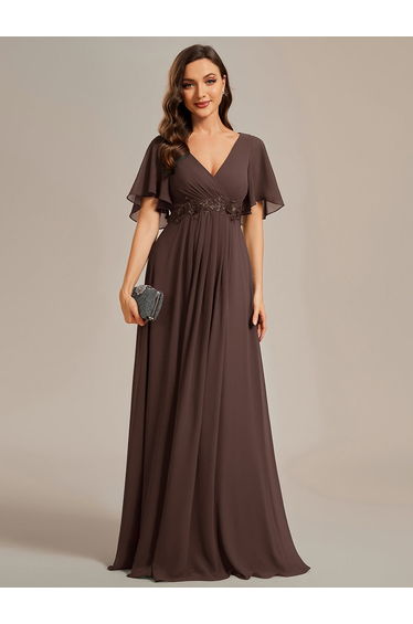 ever IVYROSE|Ruffles Sleeve A-Line Chiffon Waist Applique Maxi Formal Evening Dress