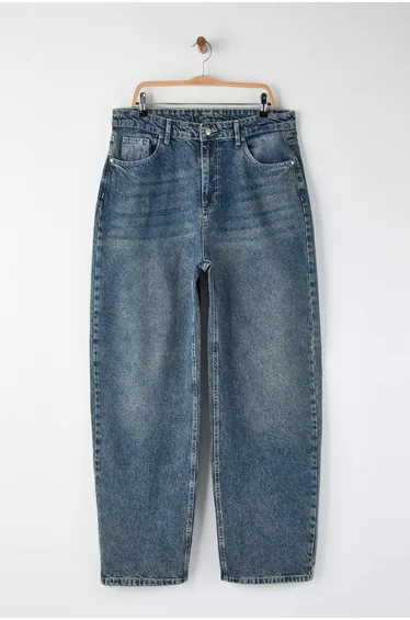 Blue High Waist Barrel Baggy Plus Size Jeans