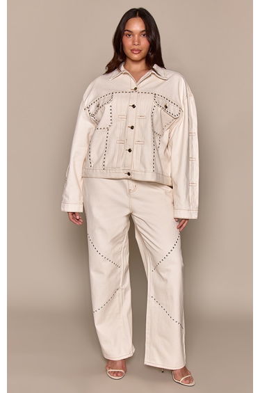 Plus Ecru Vintage Studded Wide Leg Denim Jean
