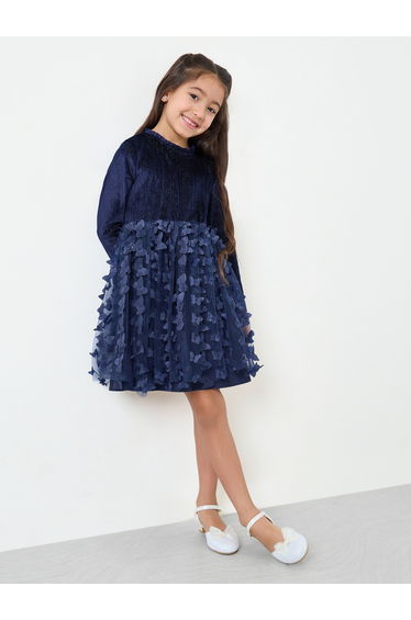 Girls Navy Blue Butterfly Long Sleeve Dress