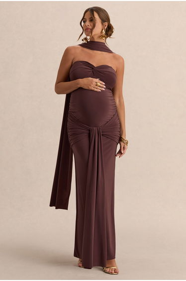Faustina | Dark Brown Bandeau-Neck Maternity Maxi Dress With Scarf Detail And Gathered Detailing