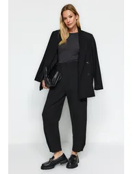 Black Pleated Wide/Casual Cut High Waist Carrot Fit Interlock Knitted Pants - 4