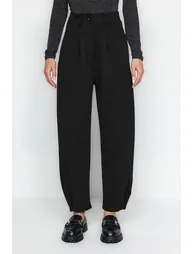 Black Pleated Wide/Casual Cut High Waist Carrot Fit Interlock Knitted Pants