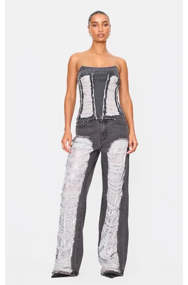 Washed Black Extreme Distressed Sequin Panel Strapless Denim Top