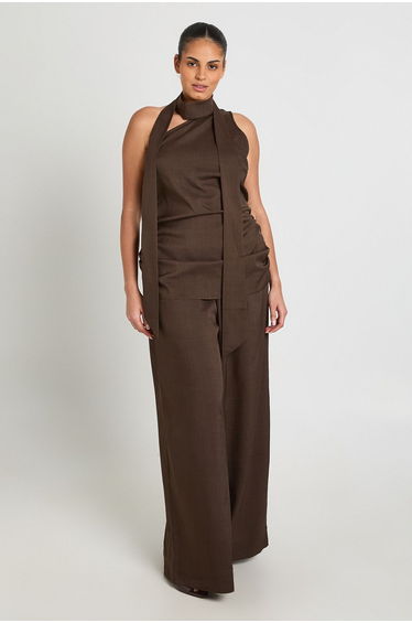 Plus Crepe Scarf Top and Wide Leg Trouser Co-ord Set - chocolate