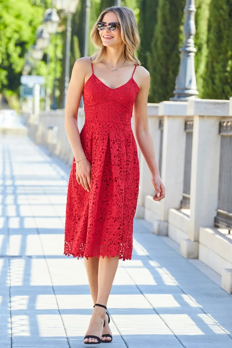 Shop Red Lace Premium Strappy Fit & Flare Dress Online in Qatar Shop Red Lace Premium Strappy Fit & Flare Dress Online in Qatar