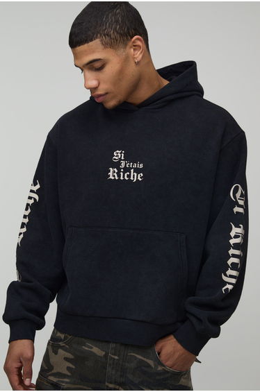 Oversized Boxy Gothic Acid Wash Printed Hoodie - washed black