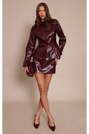 Dark Wine Croc Faux Leather Mini Skirt