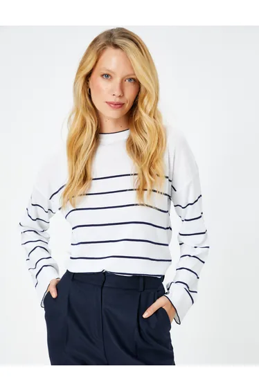 سترة كوتون كحلي بطبعة مخططة محبوك بأكمام طويلة