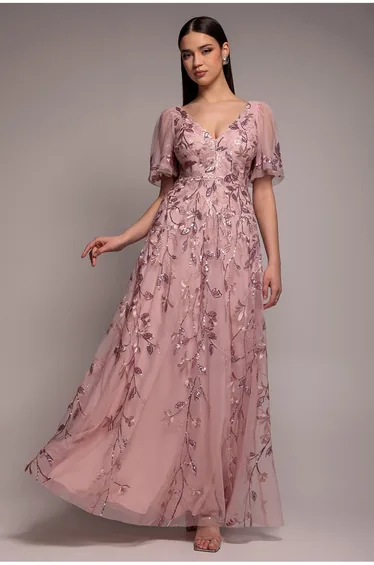 Flared Sleeve Embroidered Maxi Dress - Blush by Goddiva