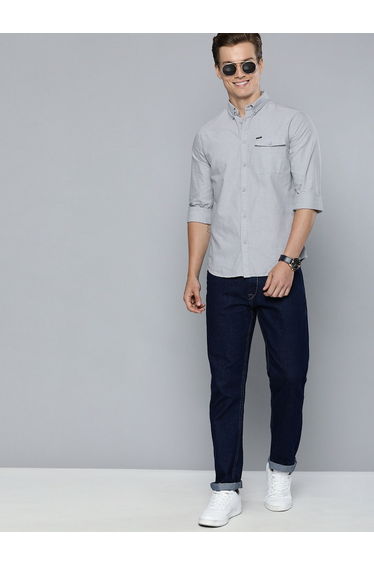 Men Grey Solid Button-Down Collar Shirt