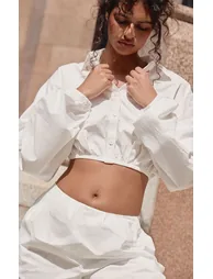 White Poplin Cropped Gathered Detail Shirt Co-ord