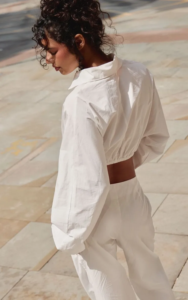 White Poplin Cropped Gathered Detail Shirt Co-ord - 1