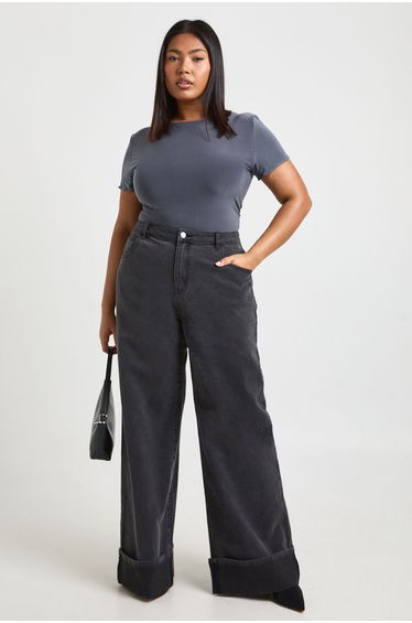 Plus Double Layer Slinky Fitted Bodysuit - charcoal
