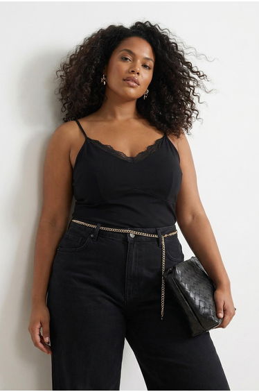 Black thin strap stretchy lace collar detailed knitted plus size top
