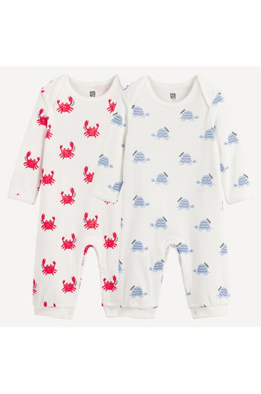 Pack of 2 Crab and Turtle Print Cotton Footless Sleepsuits