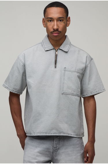 Boxy Oversized 1/4 Zip Denim Shirt - light grey