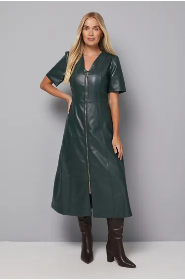 Petite Faux Leather Zip Midi Dress