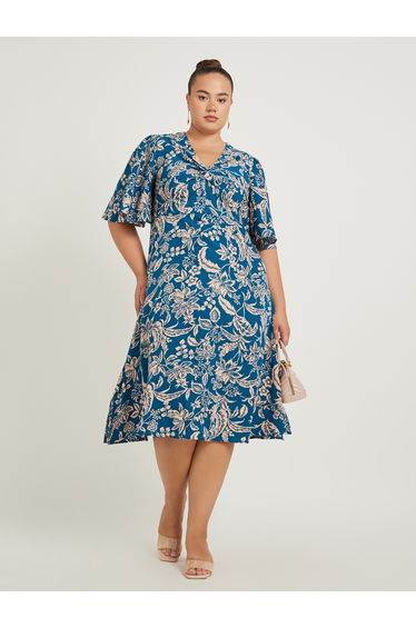 Plus Size V-Neck Short Sleeve A-Line Midi Dress